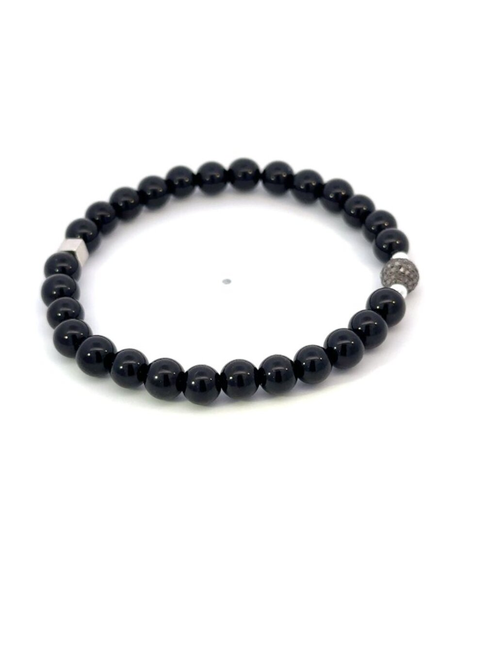 Black Onyx Gemstone Stretch Bracelet with Pave Diamond Bead Oxidized - Picture 4 of 10